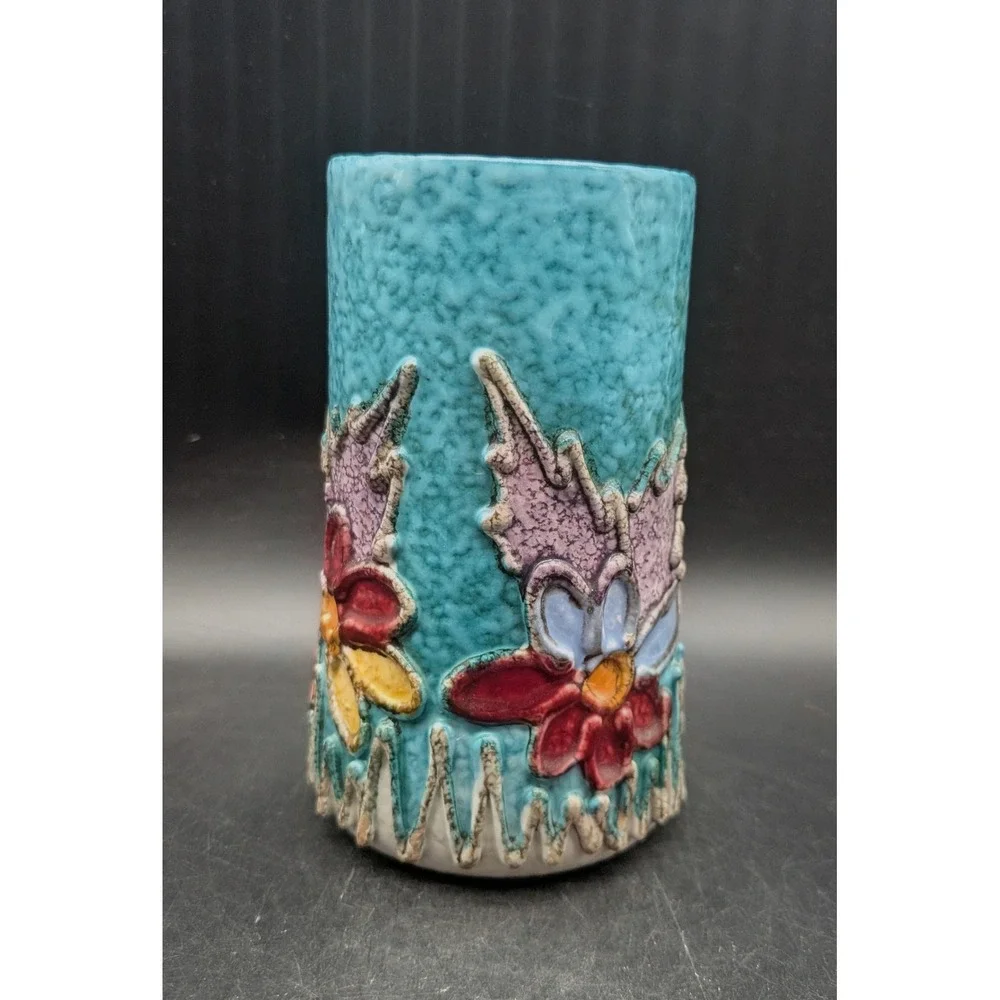 Fratelli Fanciullacci Italian Art Pottery Vase Turquoise Floral Relief 1740/W45